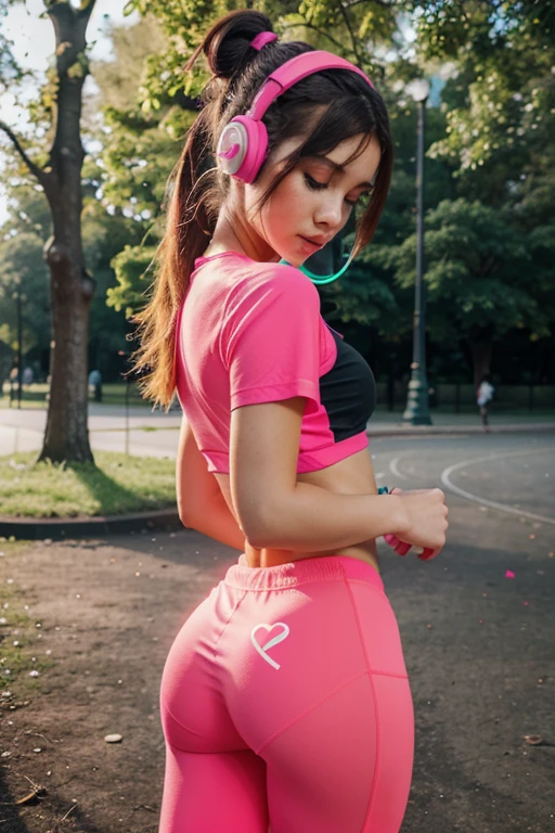 Pretty girl with neon music headphones running through the park 