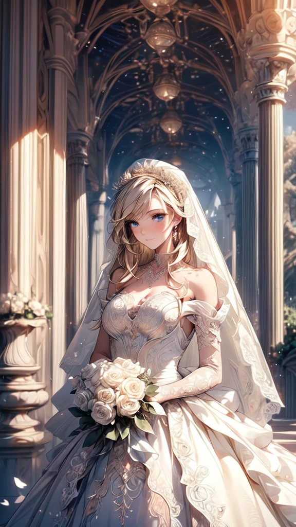 (masterpiece, best quality, beautiful and aesthetic:1.3), Looking at the audience, 1 Girl, Solitary, A faint smile, (cosmetic, Long hair, Light Beige Hair, blue eyes:1.2), Octane Rendering, Wedding Veil, Lace-trimmed dress, transparent, Wedding dress, outdoor, White Rose, garden, morning, permanent, Extremely detailed,