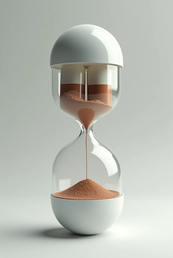 create an hourglass without sand where the two bulbs inside resemble a medicine pill capsule and it looks like movie strips are leaking from inside the hourglass bulbs forming inside the hourglass. the outside of the hourglass should look like a medicine capsule.