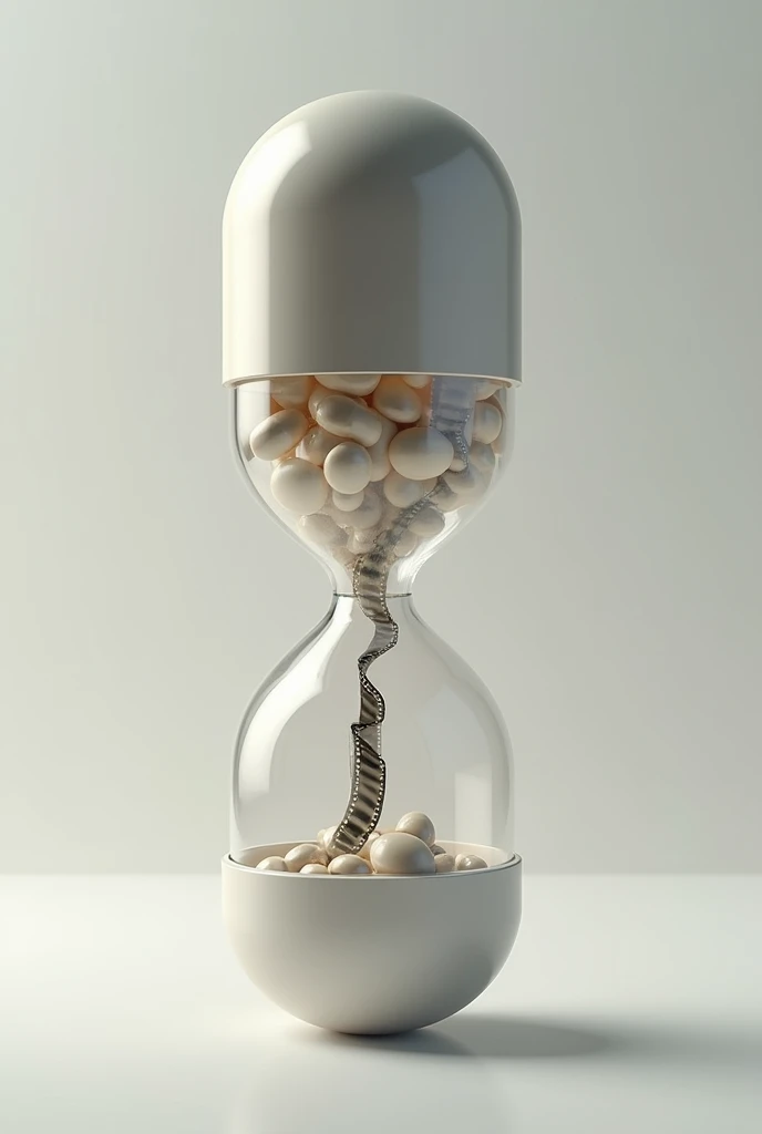 create an hourglass without sand where the two bulbs inside resemble a medicine pill capsule and it looks like movie strips are leaking from inside the hourglass bulbs forming inside the hourglass. the outside of the hourglass should look like a medicine capsule.