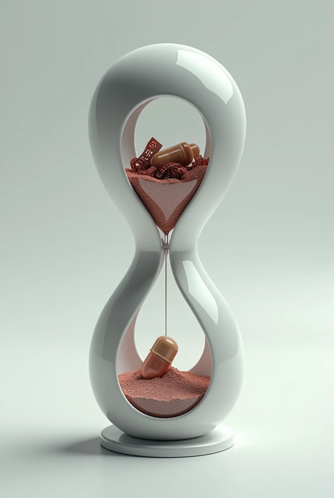 create an hourglass without sand where the two bulbs inside resemble a medicine pill capsule and it looks like movie strips are leaking from inside the hourglass bulbs forming inside the hourglass. the outside of the hourglass should look like a medicine capsule.