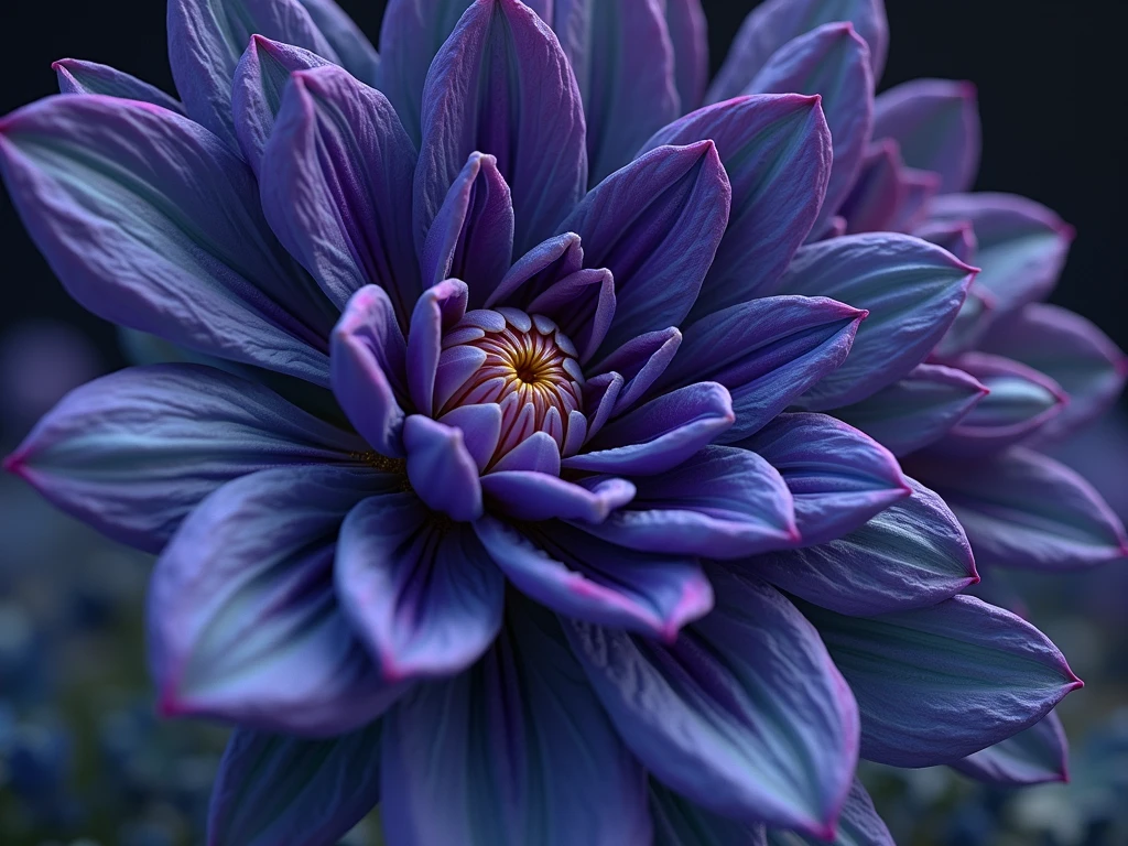 a flower in bloom. ((changing, knowledge, defiance, plotting, foreseeing)),((violet,blue,purple)).((deep wiew)),photographic,ultra high resolution,hyperdetailed, masterpiece, 3d modelling, digital art.