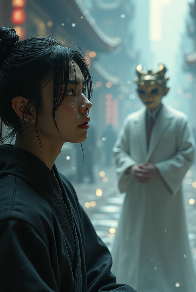 Make a picture of Ming Yi from the Chinese novel Tian Guan Ci Fu watching, with tears in your eyes, Qingxuan wore the mask of the year, getting married, in the modern version