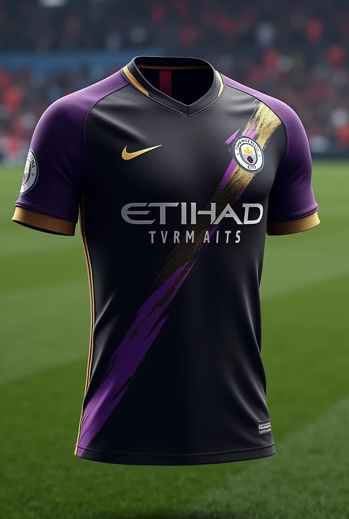 Make me the Manchester City uniform but with black colors, purple, silver and gold