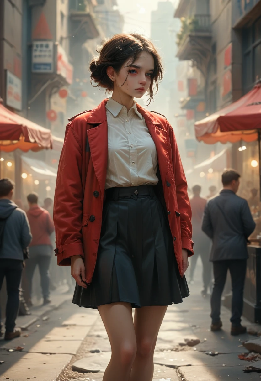 a high resolution,masterpiece,Best quality,extremely detailed,nsfv,1 girl,city, street,hands behind your back, black skirt, red coat, eye focus,