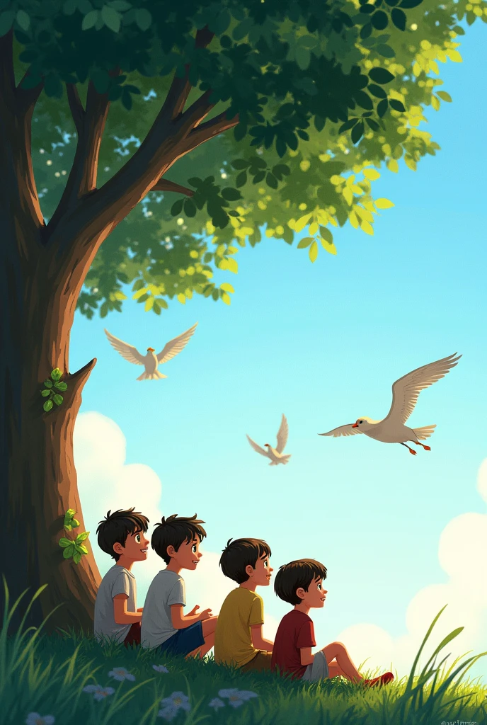 5 boys under a tree. Birds are flying in the sky.