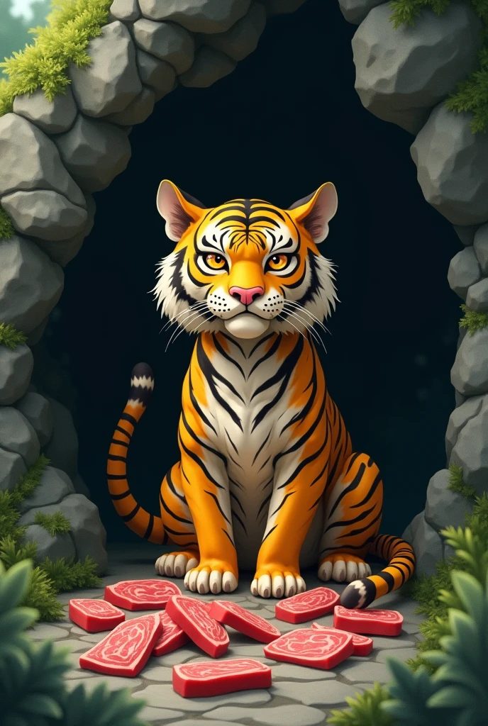 a starving yellow tiger, malnourished expression, storing many meat slices in a mountain cave, cute realistic style, forest background, cute realistic