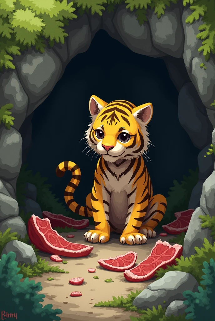 a starving yellow tiger, malnourished expression, storing many meat slices in a mountain cave, cute realistic style, forest background, cute realistic