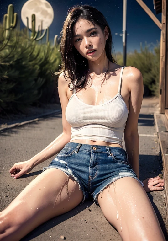 (((Aerial Photography))), (((The desert in the background is reminiscent of Mad Max.))) , (((night))), (((Starry sky and moon))),A boldly composed photograph of a Japanese woman that looks like it was taken by a famous artistic photographer, (((Blockbuster art photography)), (8k, Highest quality). A stunning composition using a model with excellent proportions. Perfect beauty model with a confident and balanced appearance, ((Highest quality質)), ((masterpiece)), (Familiar:1.4), ((Highest quality質のリアルな写真)), ((Shot with Hasselblad)), ((Best photo quality)), Beautiful womanの画像,Super Resolution,Slim and perfectly proportioned, Beautiful woman, ((Highest quality質, 8k, masterpiece: 1.3)), Beautiful woman, 1 female, Slim figure: 1.1, Perfect beauty, 20-year-old, (Realistic: 1.4), Ahegao, Shining Sweat, thin, Art photo composition with space around the woman, See through, Full body photo, Anatomically correct hand, Anatomically correct legs, anatomically correct whole body, White camisole and shorts. Cowboy Shot, (((Holding your crotch with your hand))). Spread your legs, Drinking Calpis while showering, Nipples are protruding,, (((My camisole is wet with Calpis))), (((Being drunk))), (((Drooling))), (((Lying on one's back))), (((The background is a vast desert landscape))), (((night))), (((Starry sky and moon))), (((The desert in the background is reminiscent of Mad Max.)))) , (((Aerial Photography))),