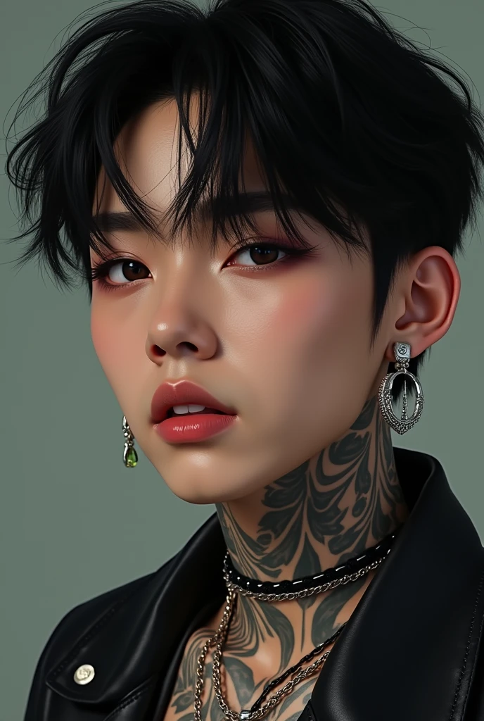 Kim Taehyung con tatuajes, pelo negro, y piercings