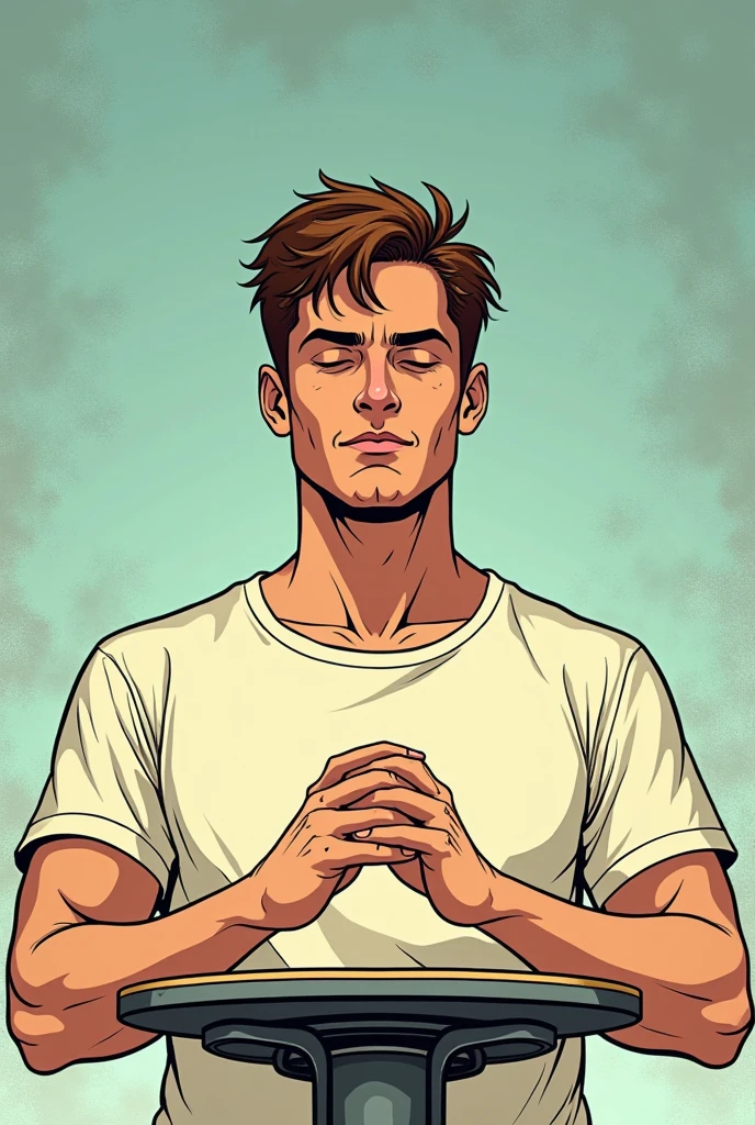 Generates a comic book style drawing of a brown-haired man, short and tousled hair, gentle face, sans barbe et appaisé sur une planche de proprioception