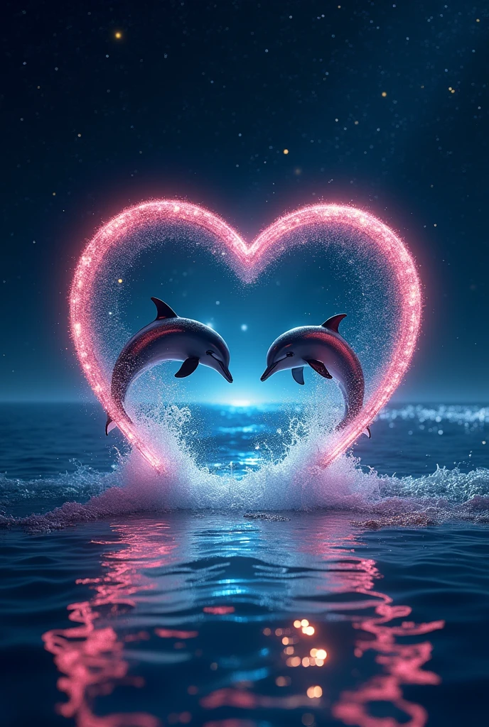 A sparkling open heart object、romantic、photograph、Panorama、Neon color、Bright colors、Ultra-high resolution、
Inside the open heart is a picture of the ocean、Countless stars in the background、The overall image is dark, but the heart-shaped object shines brightly.、
A sky studded with stars、Dolphins jumping in the sea、The water surface reflects accurately、The stars are realistic and lively、Dolphins are wet and vivid、Water droplets and water are transparent。