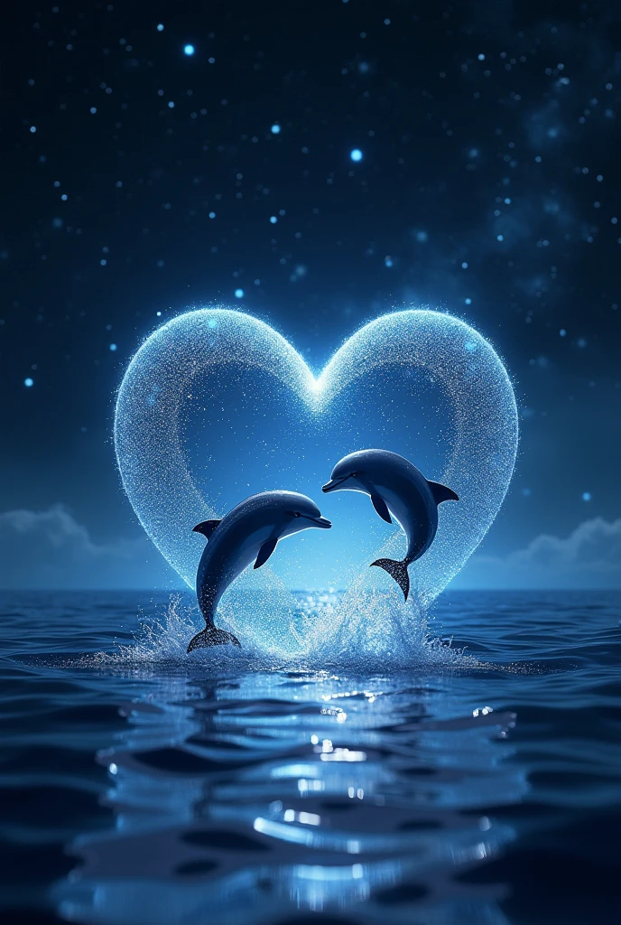 A sparkling open heart object、romantic、photograph、Panorama、Neon color、Bright colors、Ultra-high resolution、
Inside the open heart is a picture of the ocean、Countless stars in the background、The overall image is dark, but the heart-shaped object shines brightly.、
A sky studded with stars、Dolphins jumping in the sea、The water surface reflects accurately、The stars are realistic and lively、Dolphins are wet and vivid、Water droplets and water are transparent。