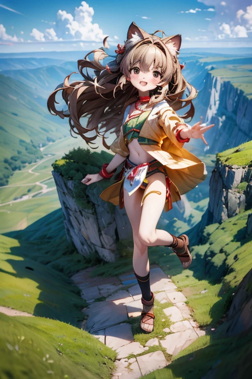 ((Masterpiece)), (Anime:1.3), ((best quality)), (RAW photo:1.2), (High Definition:1.3), (Professional Photography:1.2), (), cute age girl, (full body), BREAK, pale brown hair, (collar), messy hair, medium hair, black eyes, laughing, open mouth, blush, put on cat ears, hairs in the air, BREAK, (best quality), (ethnic long loincloth:1.4), small beast, (slender body), Glossy skin, BREAK, (High Definition), (Above 100 meters altitude), crouching on a precipitous cliff, crouching, (Landscape below the deep cliff:1.3),