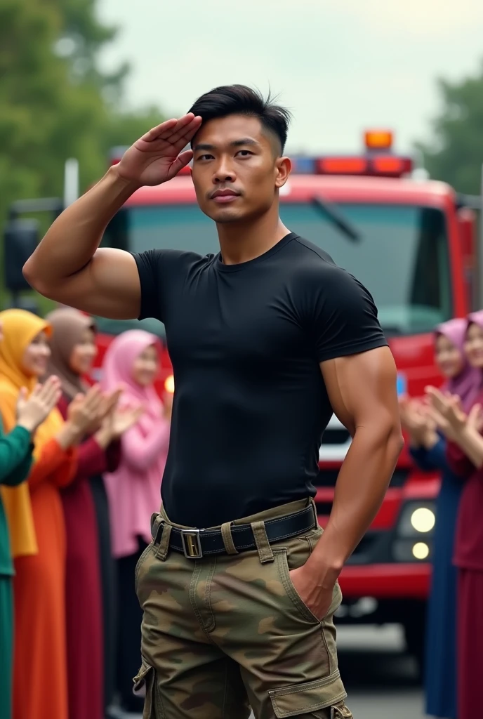Malaysia guy age 2s. big muscle Handsome Man wear Blackshirt salute position. Cargo pant camouflage red green black. firefighter jumpsuit wear tight in . Very muscle body. many girl hijab colorfull women cheerfull face clapping hand surrounded man . Firetruck background
