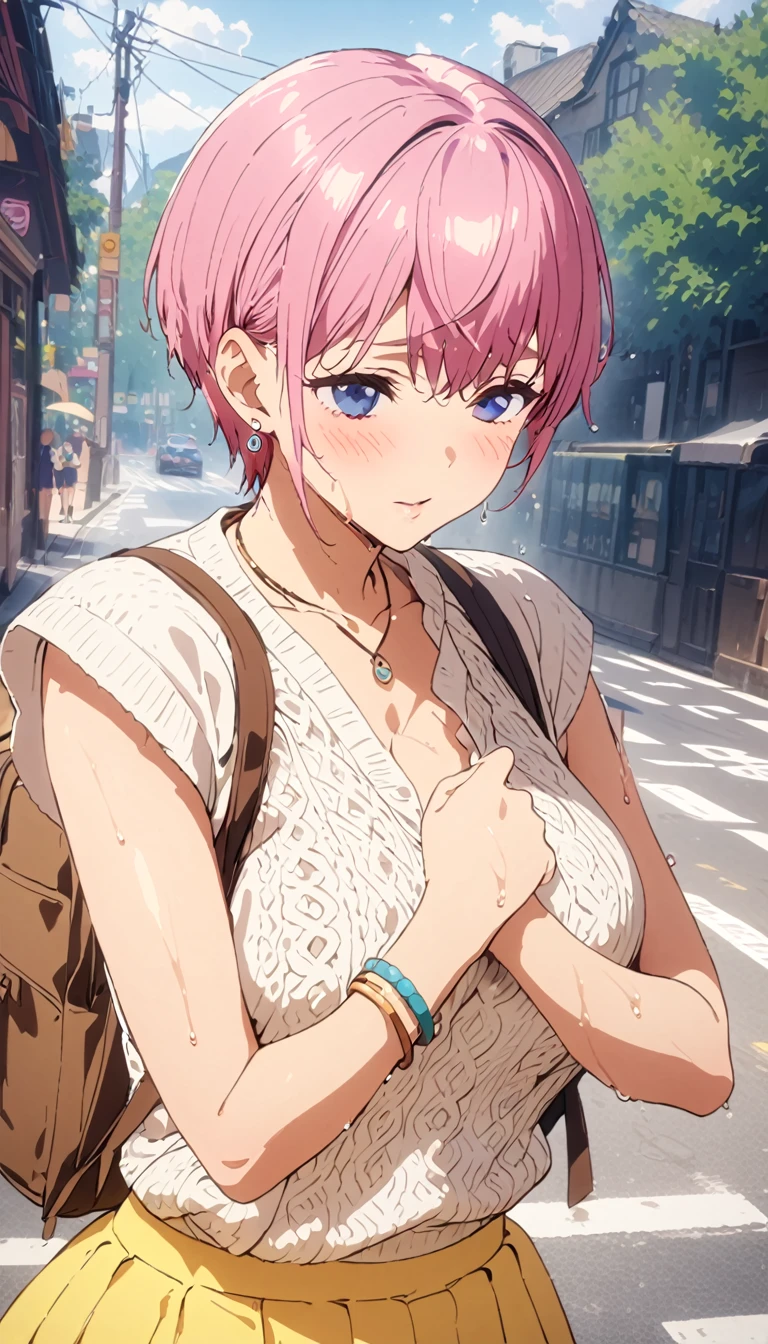 (Highest quality, 4K, 8k, High resolution, masterpiece:1.2), Very detailed, Picturesque, Animated Photography, Photo Animation:1.37)、after the rain、Japanese schoolgirl、(Pink Hair)、(Pixie Cut)、sleevelessknit、wet hair、Earrings、necklace、bracelet、Carry a backpack、white mule、Nakano Ichika
