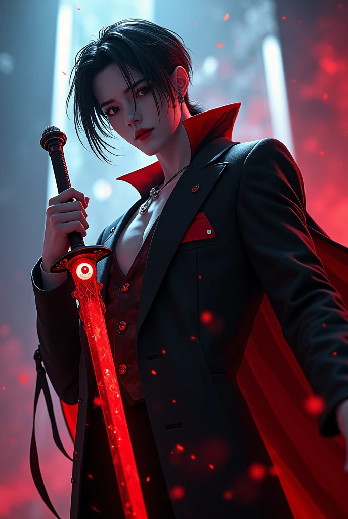 He is a man who is an idol, but he is a Dracula. His right hand holds a red sword with a demon eye in the middle of the sword. His left hand holds a microphone. The lines are in a Japanese style mixed with V-Tuber lines. The background is on the stage. You can use it as a profile picture.