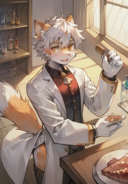 White male cat,boy,cute,Handsome,Silver Hair,Golden Eyes,Big furry tail,Meat pad,Orange hair,White hair,Experiment,In the laboratory,Wearing a white coat,expert