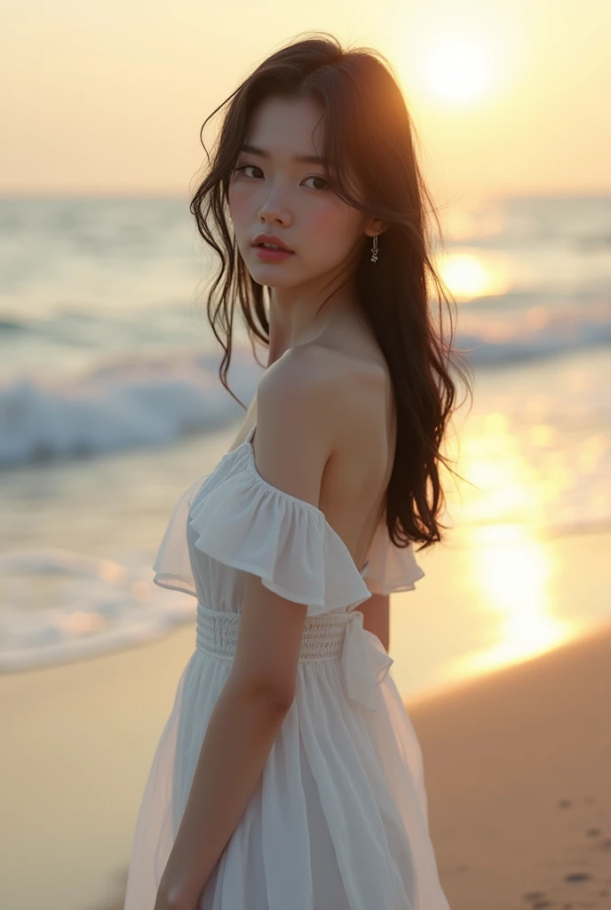 Beautiful face like a Japanese actress　evening　beach　White dress　Straight Hair　turn around　whole body