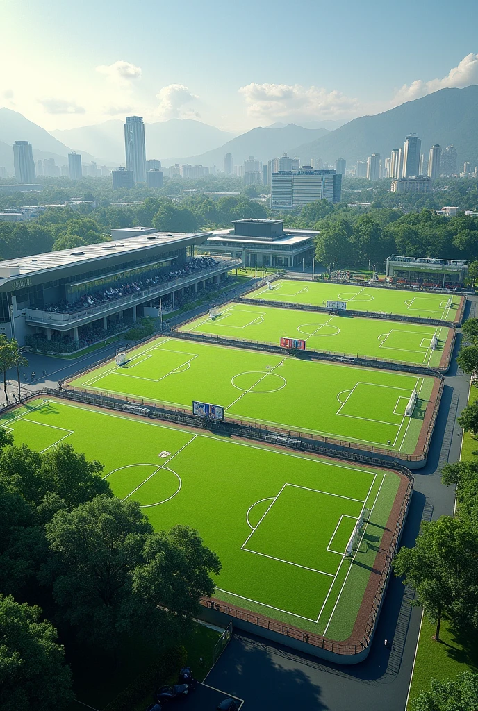 Three football fields are close to each other. It is near a sportswear shop. Please provide a horizontal image.