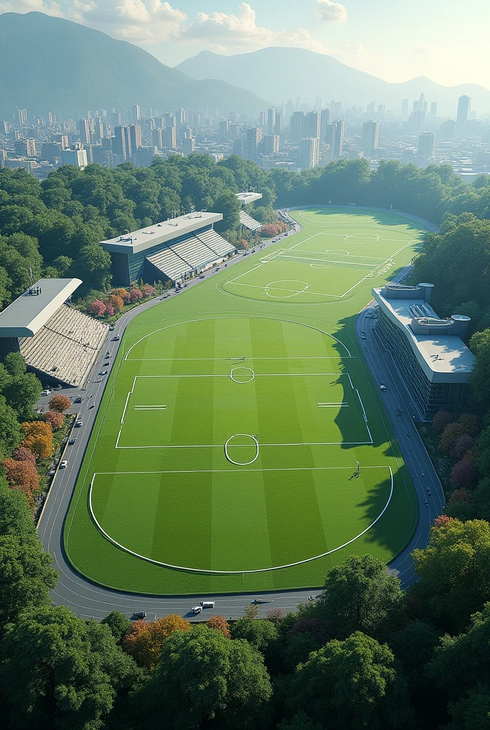 Three football fields are close to each other. It is near a sportswear shop. Please provide a horizontal image.
