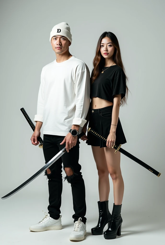Featuring full HD high resolution images, a handsome man from korea, wearing a long-sleeved white shirt, black ripped jeans, nike brand white sneakers, and wear a white beanie hat with the DL logo, Hair is not visible, the man stands holding a samurai with a macho face looking at the camera, Beside the man stood a beautiful woman with long hair,wearing a short black shirt showing the navel,black skirt and black high boots and holding a samurai too, photo shoot studio background, realistic