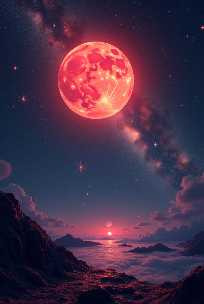 **"CelestialNightscape, dark night sky, glowing red moon, twinkling stars scattered across the heavens, swirling galaxy in the background, no_humans, vast cosmic expanse, deep space atmosphere, vibrant celestial bodies, radiant lunar glow, ethereal starfield, intricate galaxy patterns, rich color palette, mystical and awe-inspiring atmosphere (perfect masterpiece, best quality, best resolution:1.5)(perfect CG 8K UHD unity wallpaper)"**