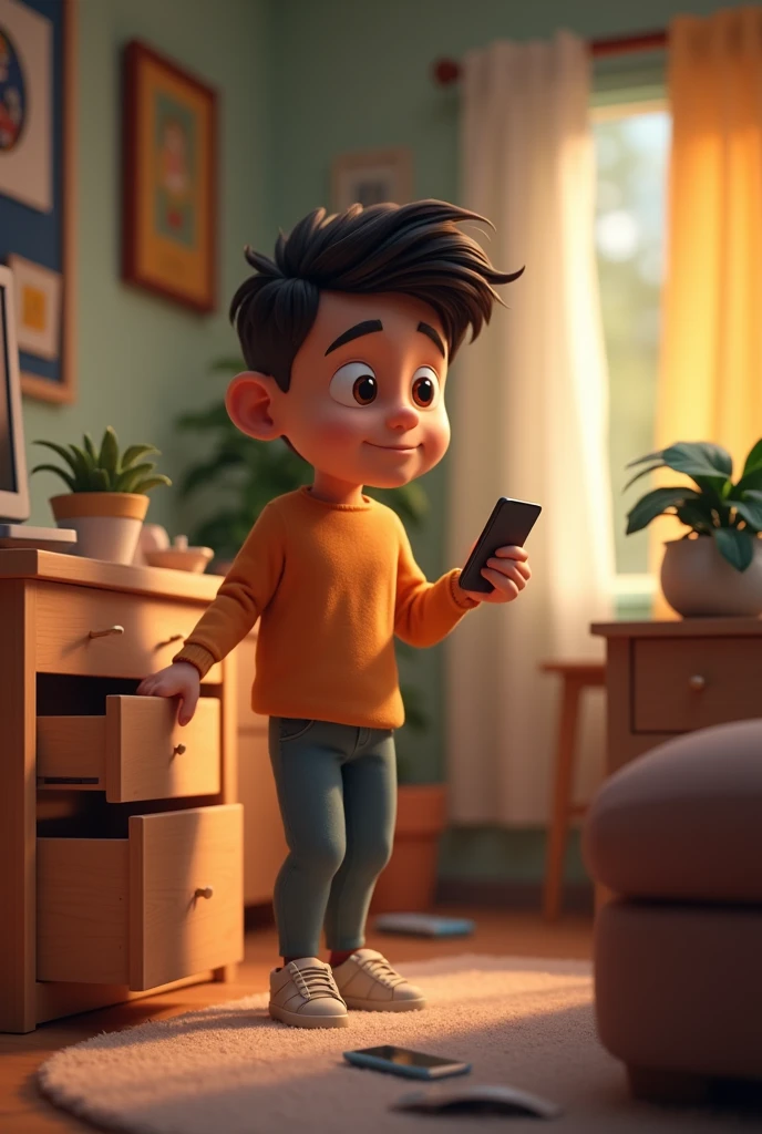 Young Man search charger in home ai 3d cartoon type realistic image