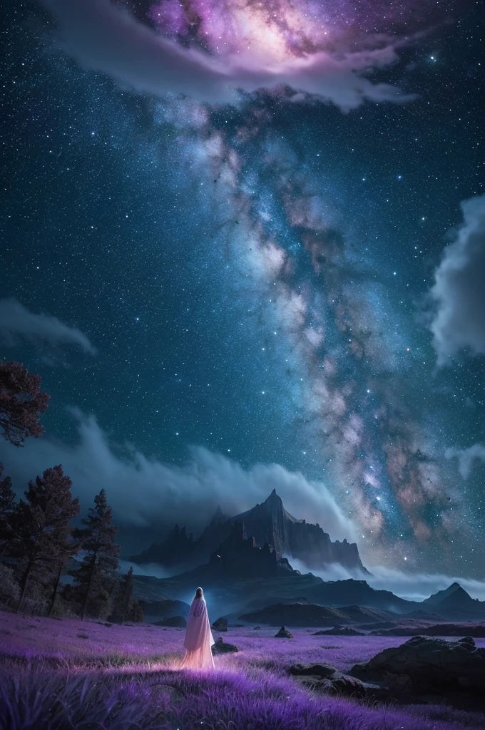 A fantasy-inspired, unique and soothing cosmic scene that matches relaxing music. The image should feature a dreamy, otherworldly universe with glowing stars, swirling galaxies, and soft, mystical colors like deep blues, purples, and hints of pink. Include ethereal light trails, nebulae, and a sense of calm and wonder. The composition should feel immersive, capturing the beauty and tranquility of space, creating a sense of peace and relaxation while being visually distinct and surreal.