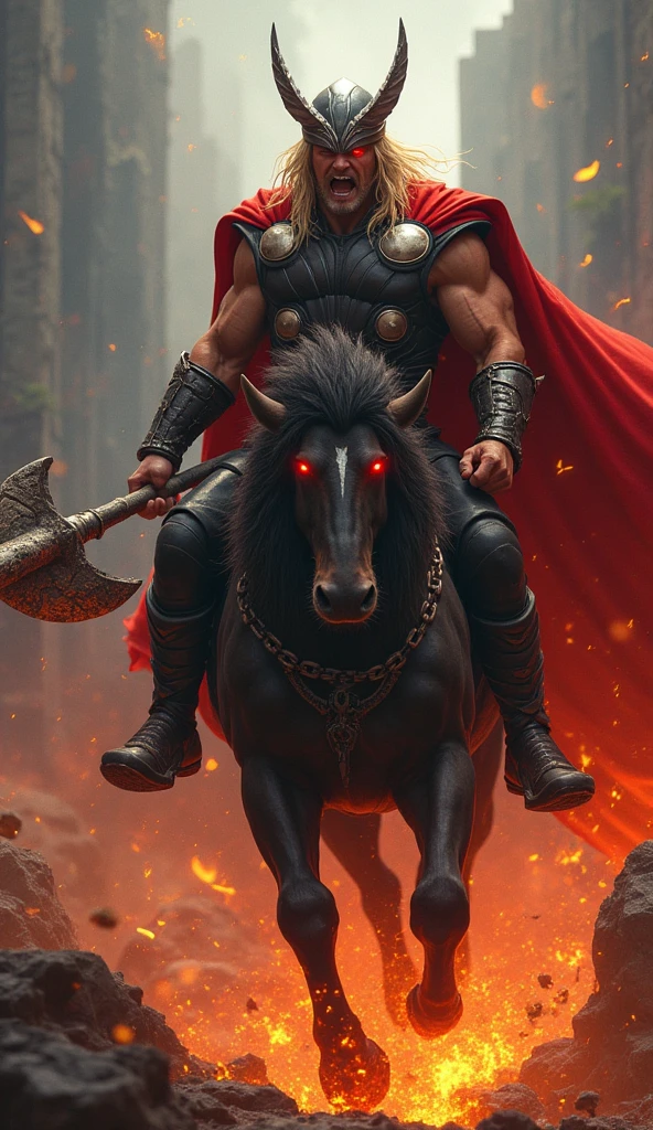 Thor  riding on angry hyana in muscular body red fire eyes in hand broken thor weapon realistic 