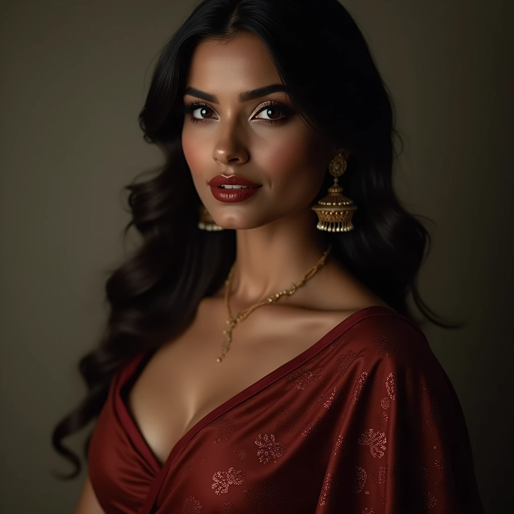 indian bhabi matured, sexy facial features and seductive look. wearing a saree with bra. busty body. busty milf. closeup look
