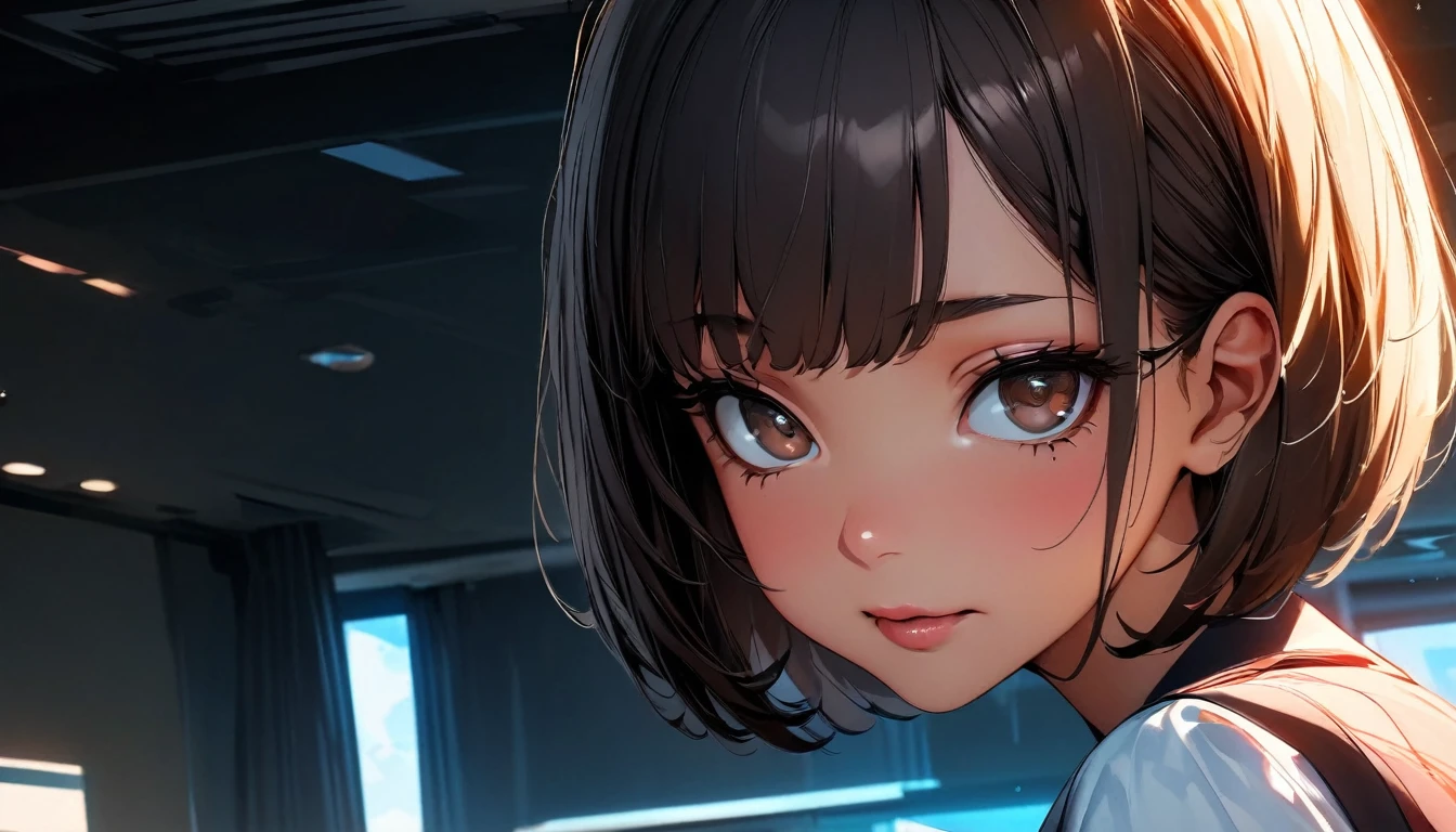 ((highest quality:1.2, Very detailed, up to date, Vibrant, Ultra-high resolution, High Contrast, masterpiece:1.2, highest quality, Best aesthetics), (super wide angle), Portraiture、girl、solo, (25-years-old:1), slim, brown eye, Bright colors、Beautiful fine details、Beautiful lip detail、extra short hair, ((bob cut:1.5))、black hair, (highlights hair: 1.6), (medium breast:0.7), (tan skin:0.5), glasses, school uniform, studyind, sitting at the study desk, bright room, looking up viewer:1, from diagonally above view, (look like asking for help:1),furrowed brow:1, cowboy shot