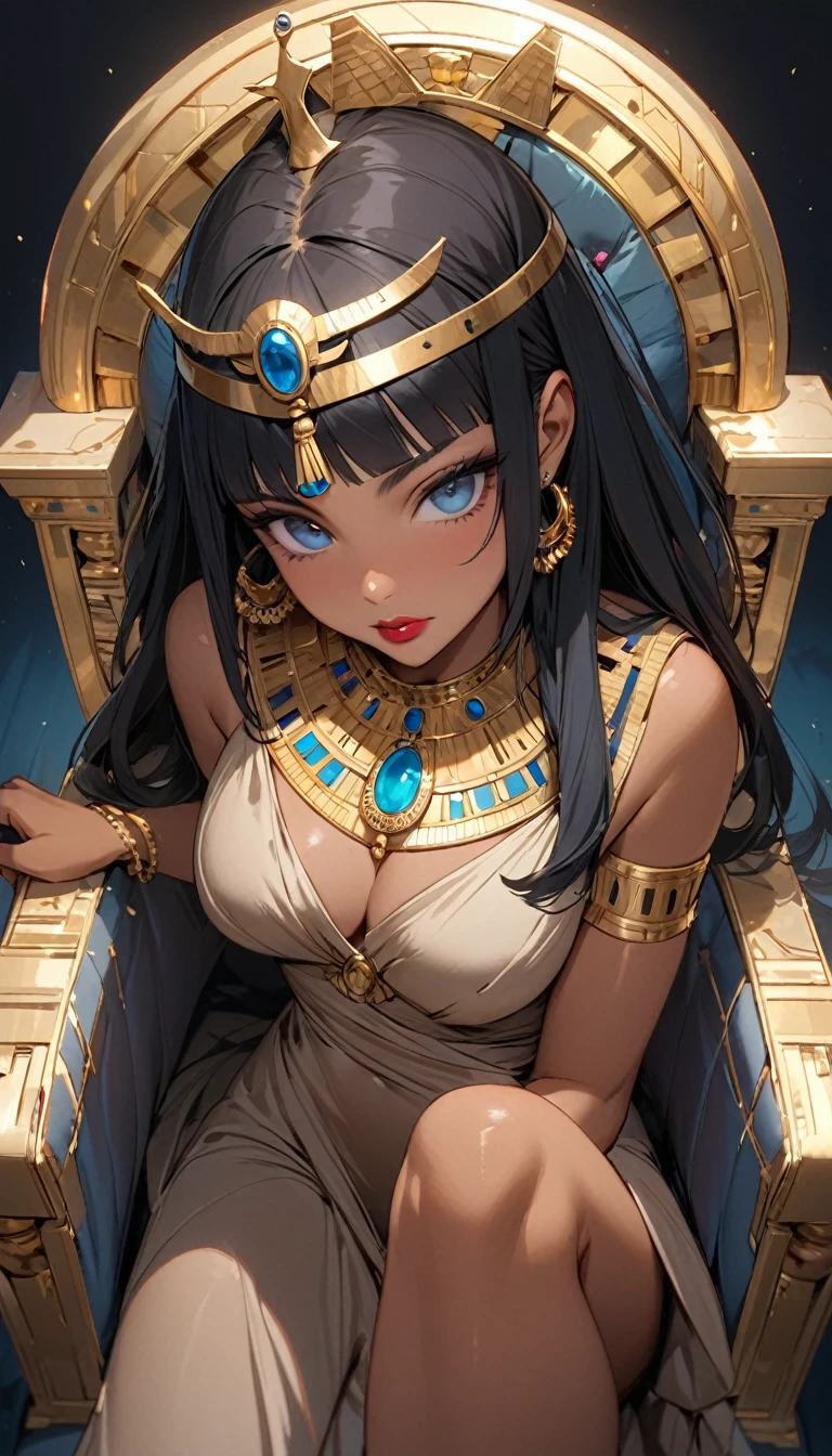 ((best quality)), ((masterpiece)), (Detailed face and eyes), Perfect face, precise, Textured Skin, High Detail, high resolution, Cleopatra, Queen, Wearing a silk dress, Gemstone crown, Lipstick, Cowboy shooting, Tanned skin, Bronze skin, Bedroom bed, Half Body