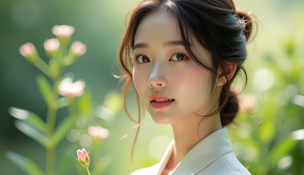 A beautiful and pure Korean woman、Wear clean clothes、A high-quality image of a person smiling with a calm expression。The background is a garden with soft natural light.、An elegant and clean atmosphere