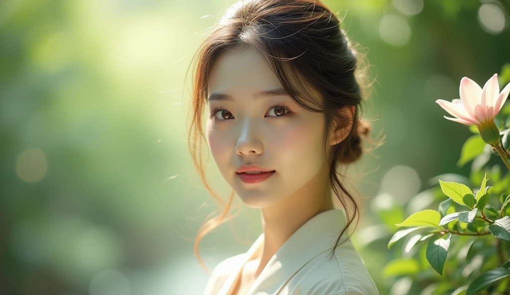 A beautiful and pure Korean woman、Wear clean clothes、A high-quality image of a person smiling with a calm expression。The background is a garden with soft natural light.、An elegant and clean atmosphere