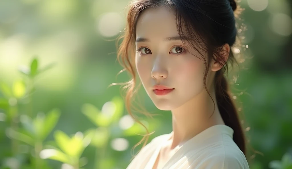 A beautiful and pure Korean woman、Wear clean clothes、A high-quality image of a person smiling with a calm expression。The background is a garden with soft natural light.、An elegant and clean atmosphere