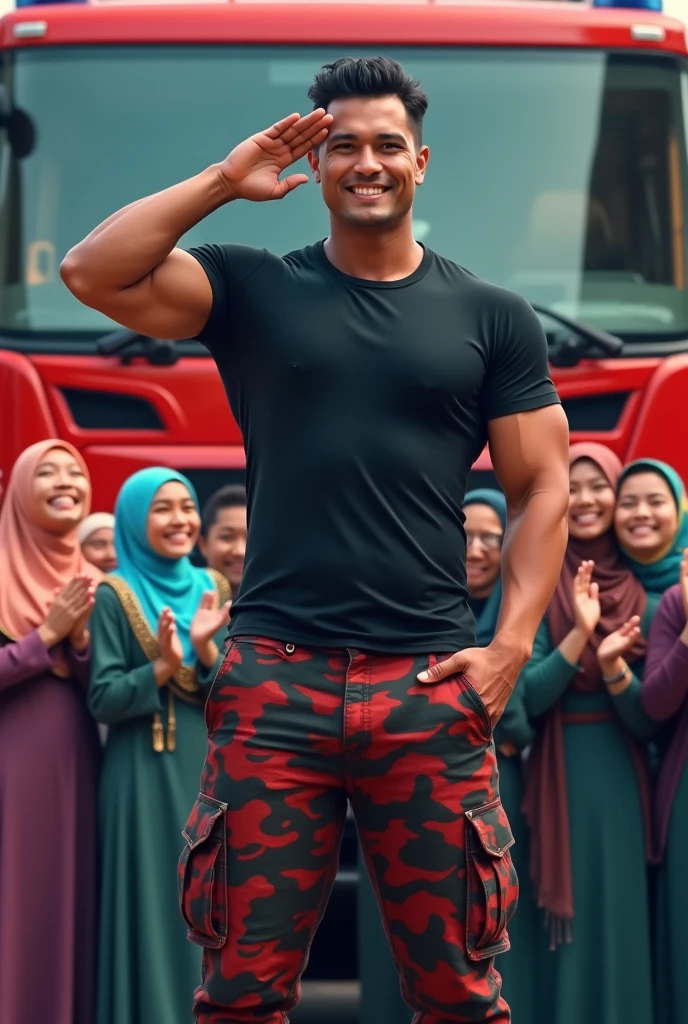 Malaysia guy age 2s. big muscle Handsome Man wear Blackshirt salute position. Cargo pant camouflage red army green black. firefighter jumpsuit wear tight in . Very muscle body. many girl hijab colorfull women cheerfull face clapping hand surrounded man . Firetruck background.
