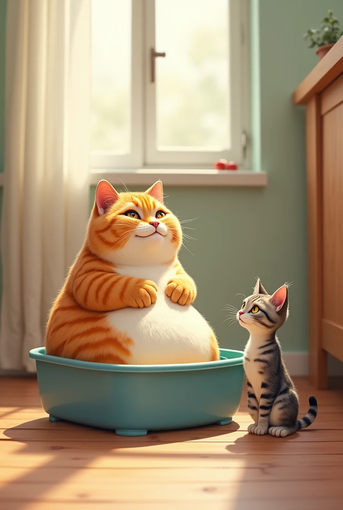 A fat cat sits in the litter box and looks happy. A smaller cat sits next to it, but outside the toilet, supports itself on its front paws and looks curiously.
