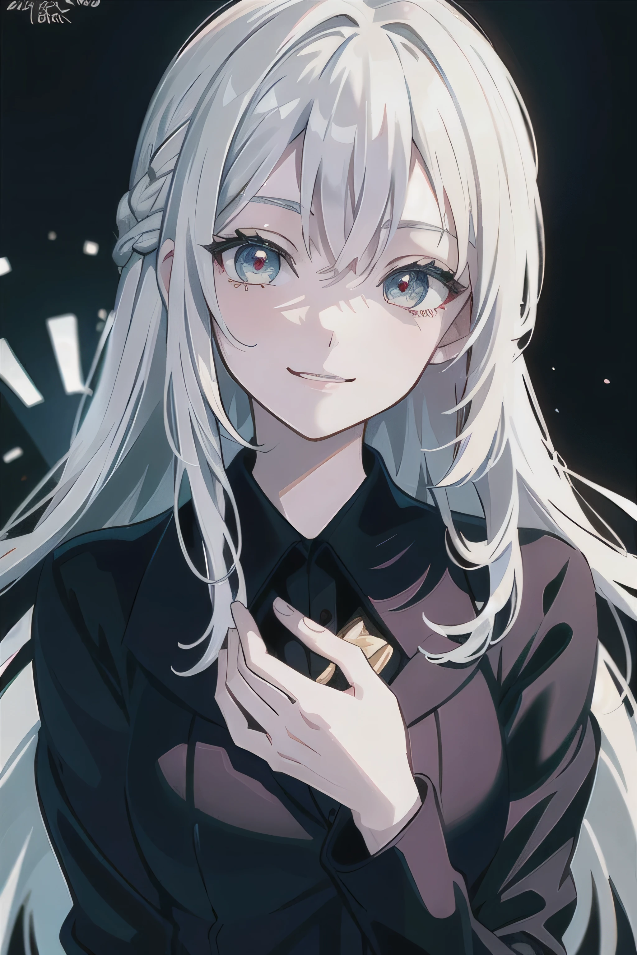 (masterpiece), (best quality), (highest Quality), (Ultra detailed), (highest Resolution), 8K, High definition RAW color art, anime style, beautiful face, ultra detailed face, beautiful and detailed eyes, looking at viewer, malicious smile, a teenager lady, office suit, (navy eyes:1.2), (white hair:1.2), (long hair:1.2), holographic, silky Touch, urban, shadow