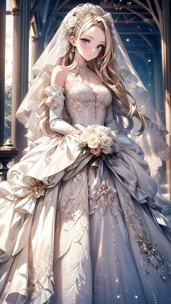 (masterpiece, best quality, beautiful and aesthetic:1.3), Looking at the audience, 1 Girl, Solitary, A faint smile, (cosmetic, Long hair, Light Beige Hair, blue eyes:1.2), Octane Rendering, Wedding Veil, Lace-trimmed dress, transparent, Wedding dress, outdoor, White Rose, garden, morning, permanent, Extremely detailed,