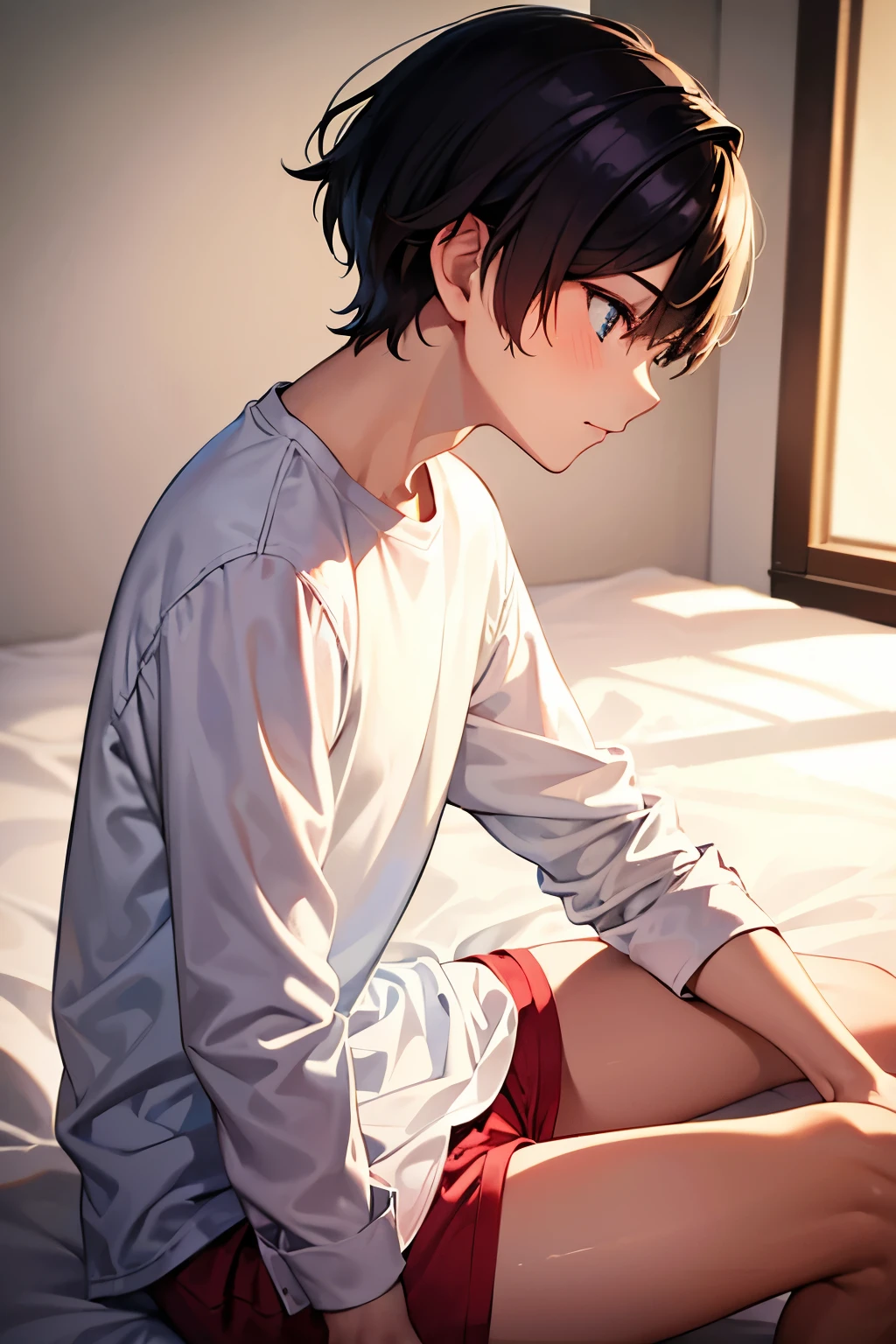 a boy sitting in a bedroom, wearing a white long sleeve shirt and light red underwear, viewed from the side,