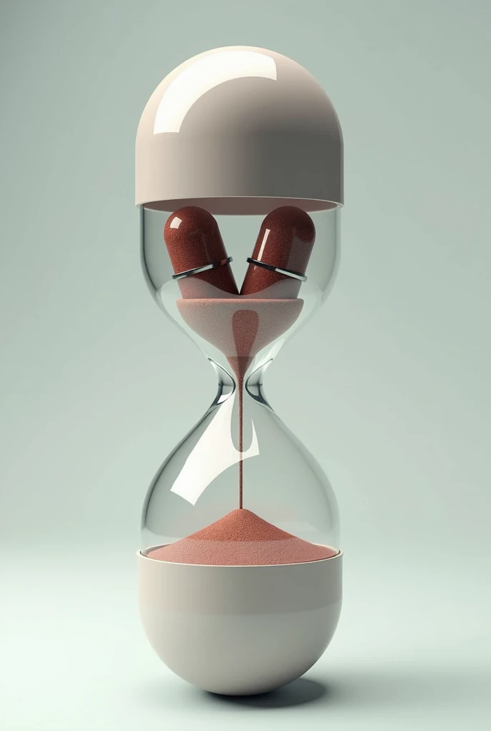 create an hourglass without sand where the two bulbs inside resemble a medicine pill capsule and it looks like movie strips are leaking from inside the hourglass bulbs forming inside the hourglass. the outside of the hourglass should look like a medicine capsule.