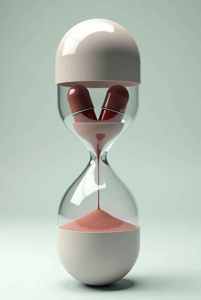 create an hourglass without sand where the two bulbs inside resemble a medicine pill capsule and it looks like movie strips are leaking from inside the hourglass bulbs forming inside the hourglass. the outside of the hourglass should look like a medicine capsule.