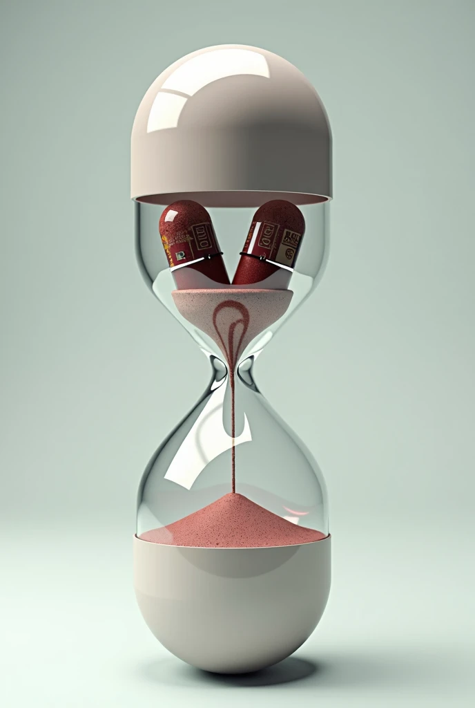 create an hourglass without sand where the two bulbs inside resemble a medicine pill capsule and it looks like movie strips are leaking from inside the hourglass bulbs forming inside the hourglass. the outside of the hourglass should look like a medicine capsule.