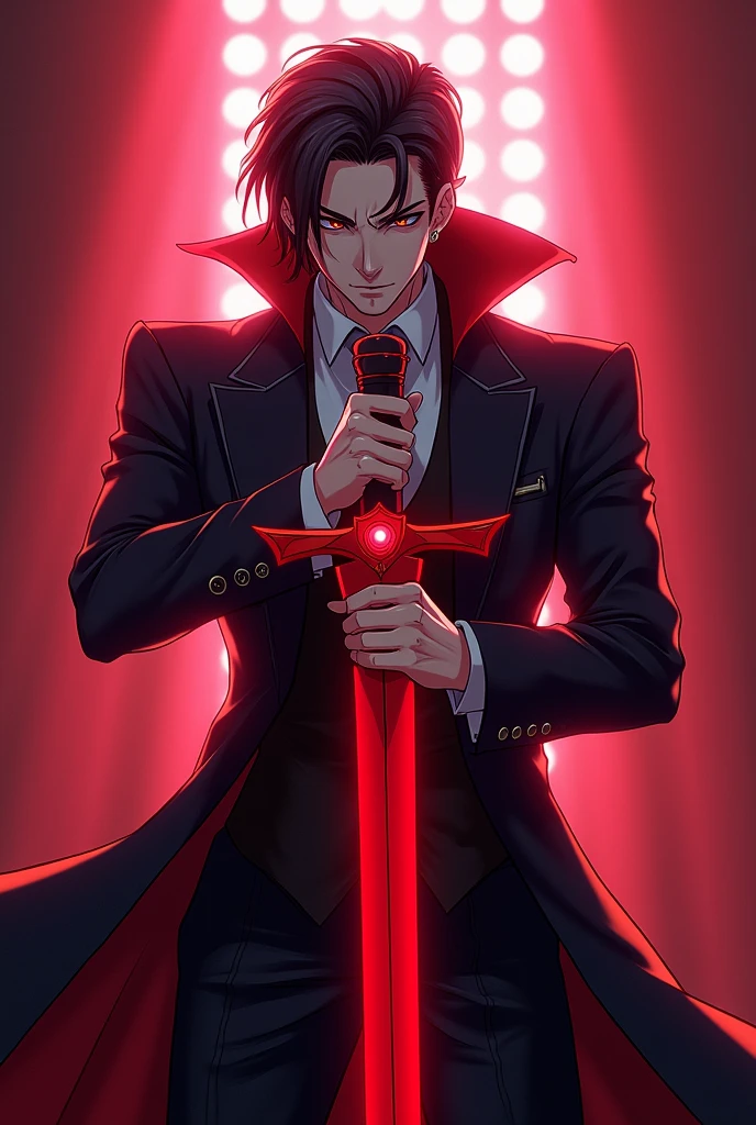 He is a man who is an idol, but he is a Dracula. His right hand holds a red sword with a demon eye in the middle of the sword. His left hand holds a microphone. The lines are in a Japanese style mixed with V-Tuber lines. The background is on the stage.