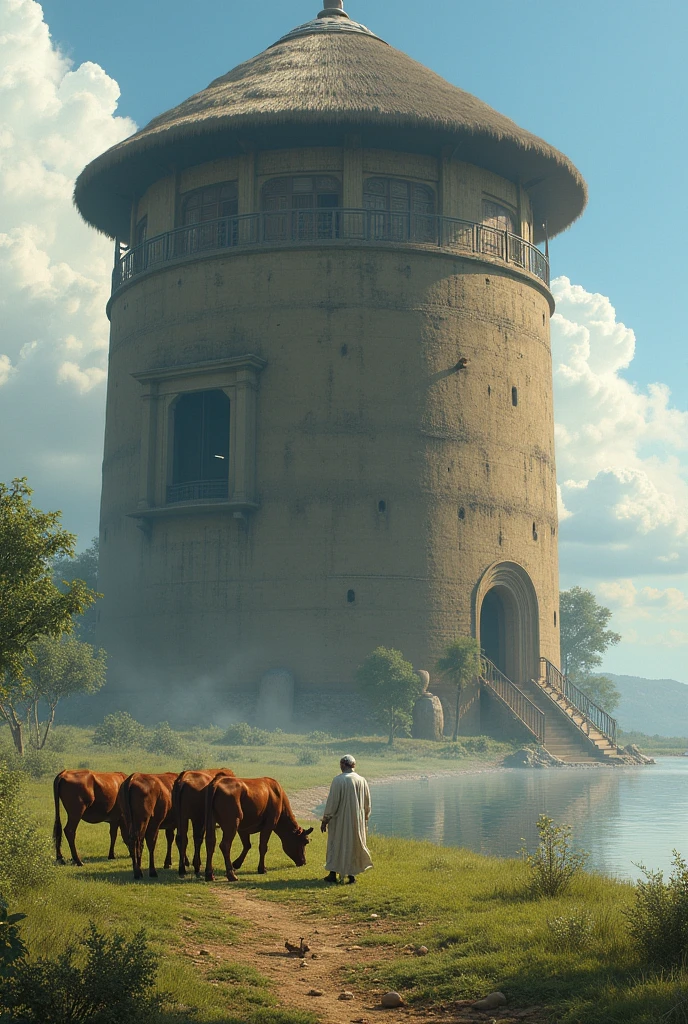 Next to the field was a huge long cow house. The cow house was so tall that one could not see from one side to the other. 
The house was made of mud walls and thatch. 
An old man was feeding grass to cows in front of the cowshed. The old man was wearing white clothes. 
Behind the cowshed was a river. Here the tall cowshed would dominate.