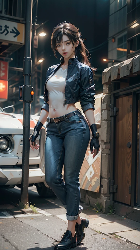 (8K, RAW Photo, Best Quality, Masterpiece: 1.2), (Realistic, Realistic: 1.37), (Perspective lens).1 Girl, full body, beautiful model, Standing pose, model pose, a bit spreading legs, serious and mean expressions. Early twentieth girl. Pale white skin. realistic skin, slim body shape, extremely detailed hair, delicate sexy face, gazing away, shiny lips. tomboy, supermodel, beautiful long pony tail hair, confident eyes. stylish outfit, durable Navy jacket and Blue denim beige pants. futuristic design gloves, LED lights. Her overall look combines strength and elegance, with a charismatic and leadership aura. The setting is a modern, high-tech environment, Night.