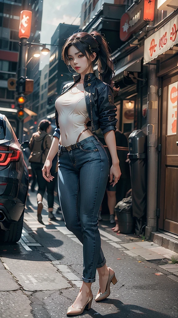 (8K, RAW Photo, Best Quality, Masterpiece: 1.2), (Realistic, Realistic: 1.37), (Perspective lens).1 Girl, full body, beautiful model, Standing pose, model pose, a bit spreading legs, serious and mean expressions. Early twentieth girl. Pale white skin. realistic skin, slim body shape, extremely detailed hair, delicate sexy face, gazing away, shiny lips. tomboy, supermodel, beautiful long pony tail hair, confident eyes. stylish outfit, durable Navy jacket and Blue denim beige pants. futuristic design gloves, LED lights. Her overall look combines strength and elegance, with a charismatic and leadership aura. The setting is a modern, high-tech environment, Night.