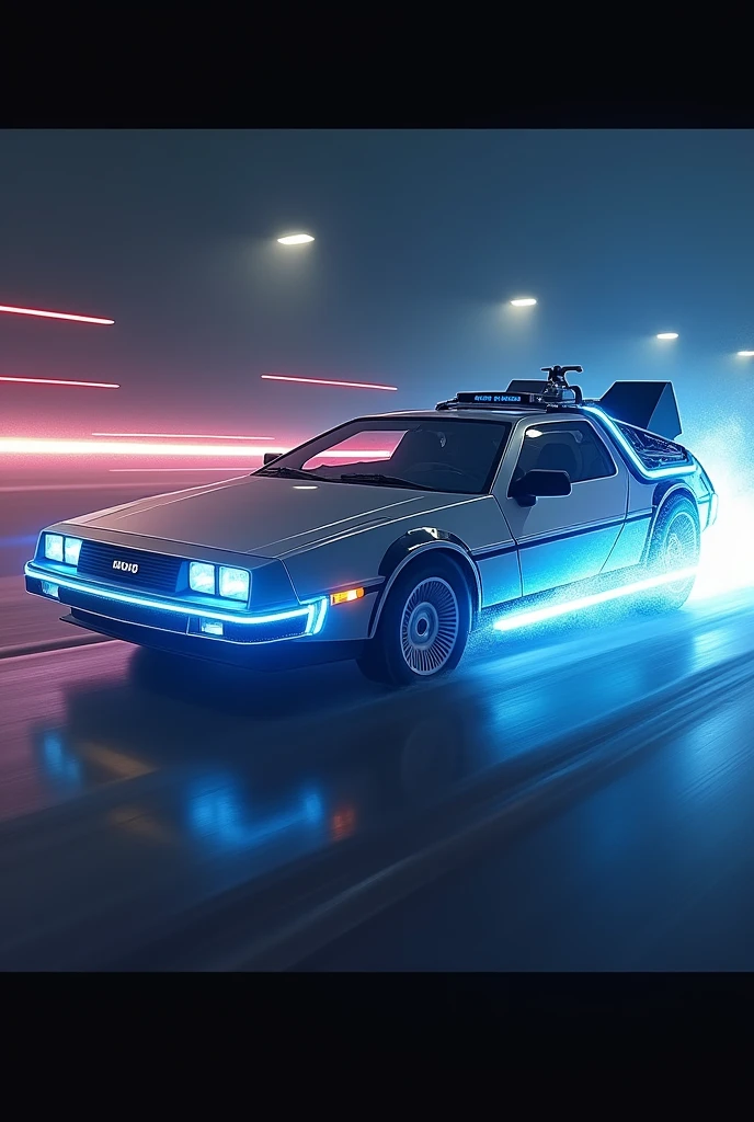 realistic Delorean\(back to the future\(movie\),((glowing blue)), (blue electric glow)\), at night flying in the sky, (beautiful red fire from the wheel track behind Delorean), ((shallow depth-of-field)), (bokeh), (lens flare), sharp focus,,((dynamic angle)),award winning photo, beautiful photo, very exciting racing photo,beautiful background
