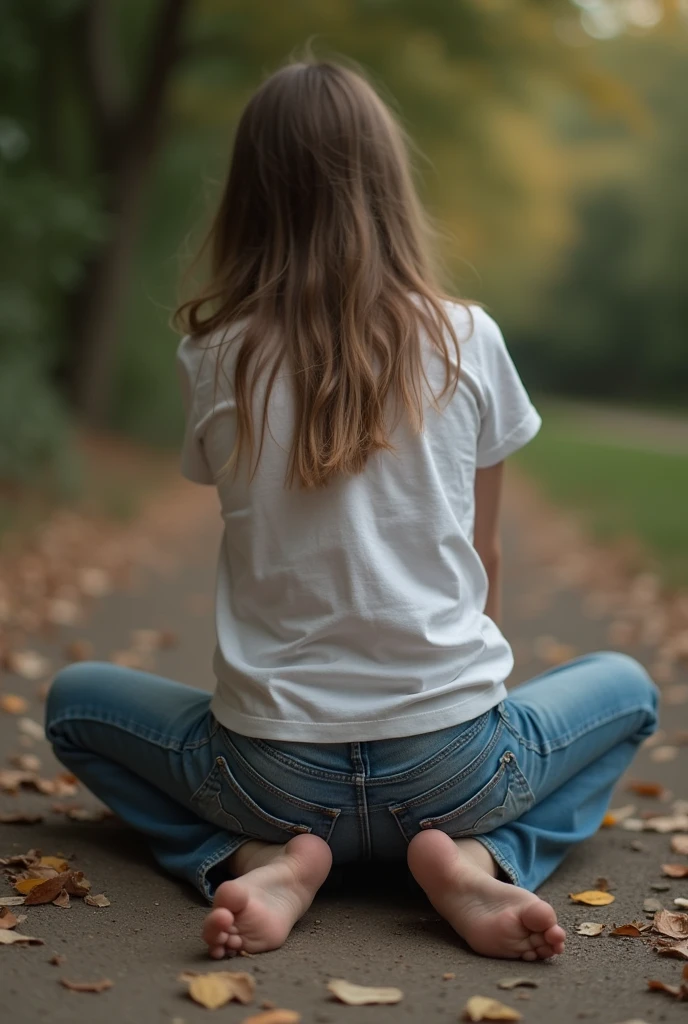 a girl is sitting directly on the face of a boy lying with her back on the ground, (crushed under the butt) from another girl, trampled on the face, turned away showing her butt, wearing jeans, real photo, 8k, teenagers
